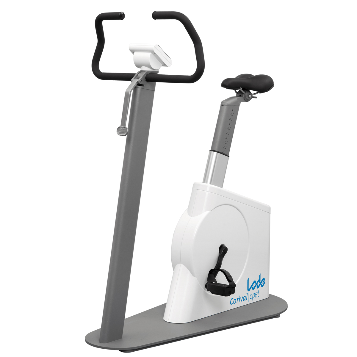 Stationary exercise bike with digital display, black handlebars, and adjustable seat on a gray base.
