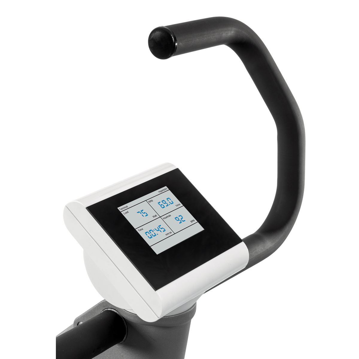 Close-up of an exercise bike handlebar with a digital display screen showing workout data.