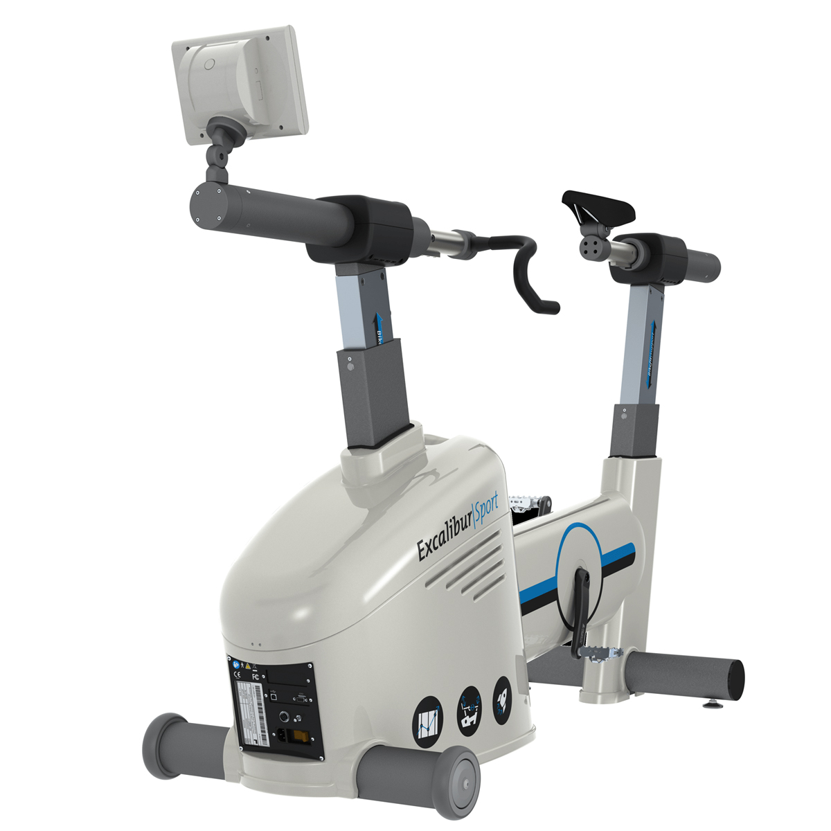 Stationary exercise bike with digital display, labeled "Excalibur Sport," on a white background.