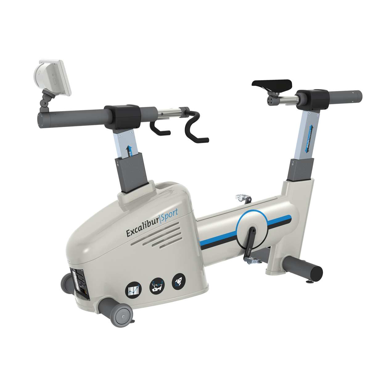 Stationary exercise bike labeled "Excalibur Sport" with adjustable seat, handlebars, and digital display.