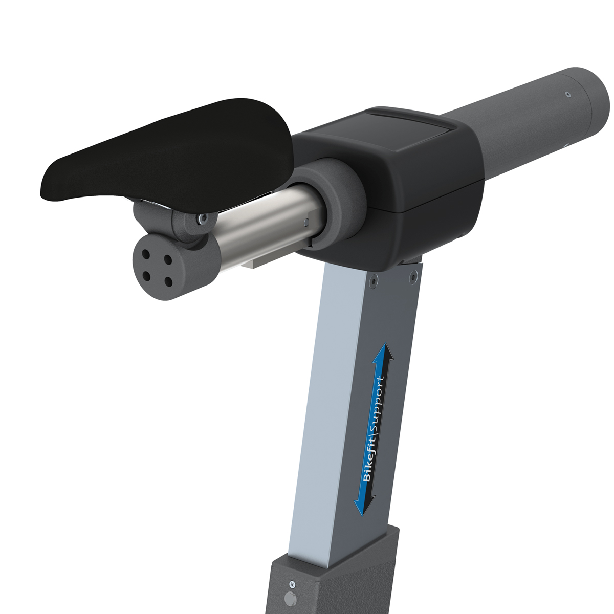 Adjustable black bike saddle mounted on a metallic support frame labeled "Bikefit Support" with a handle.