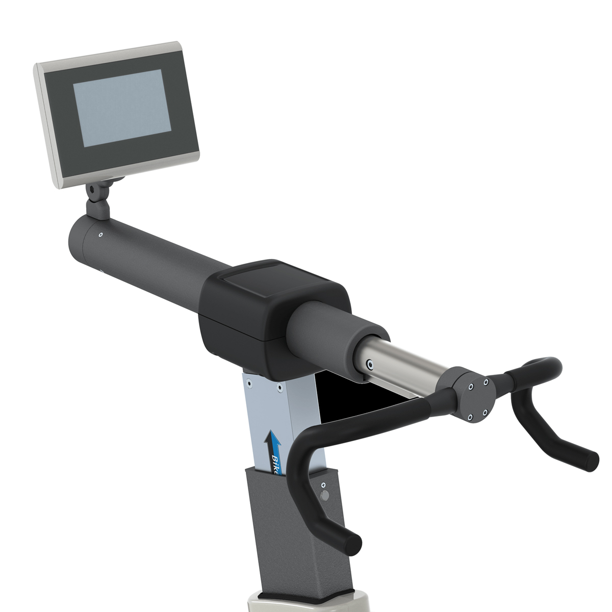 Stationary exercise bike handlebars with attached digital display screen.