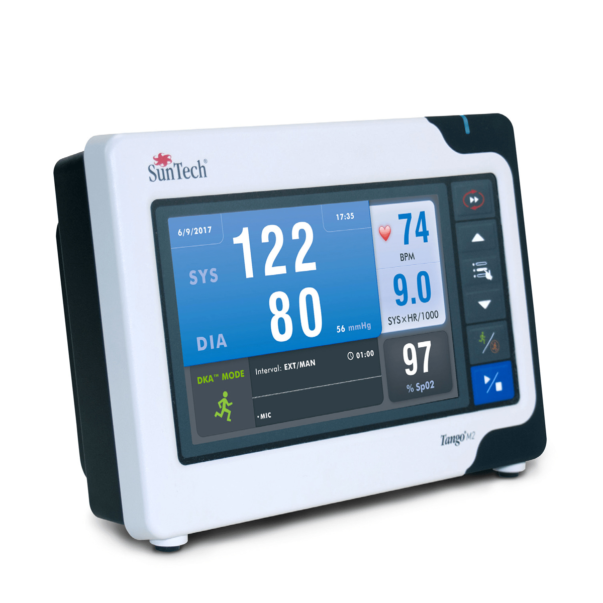Medical monitor displaying blood pressure, heart rate, and oxygen saturation readings on a digital screen.