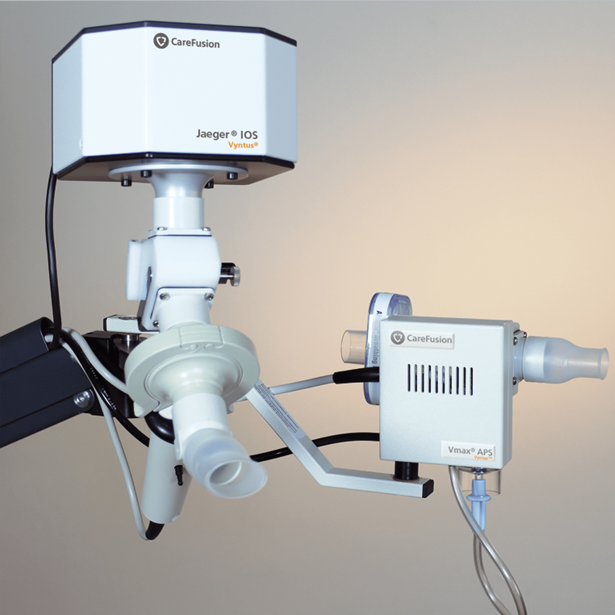 Medical respiratory device with labeled CareFusion components and mouthpieces, used for pulmonary function testing.