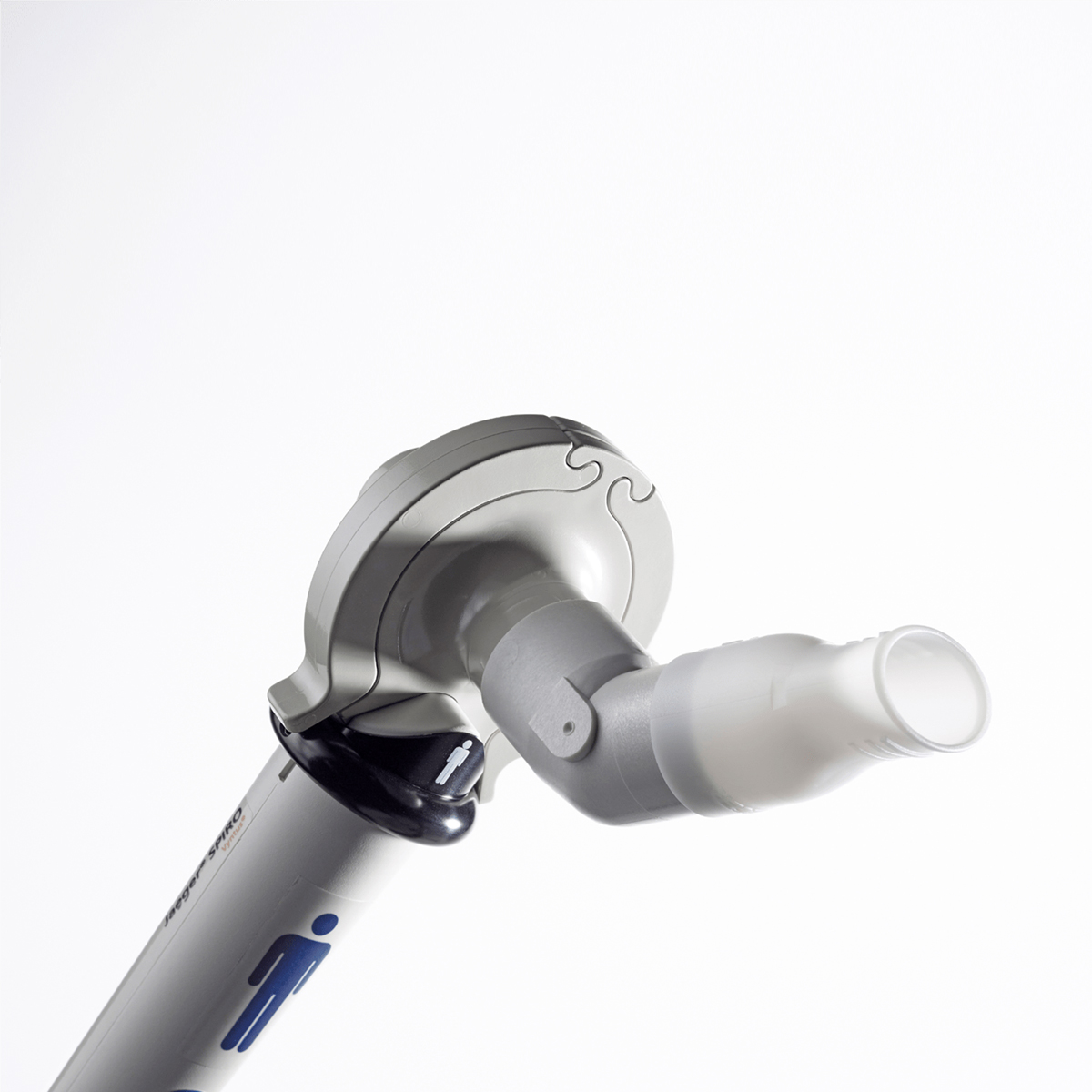 Close-up of a medical device mouthpiece against a plain white background.