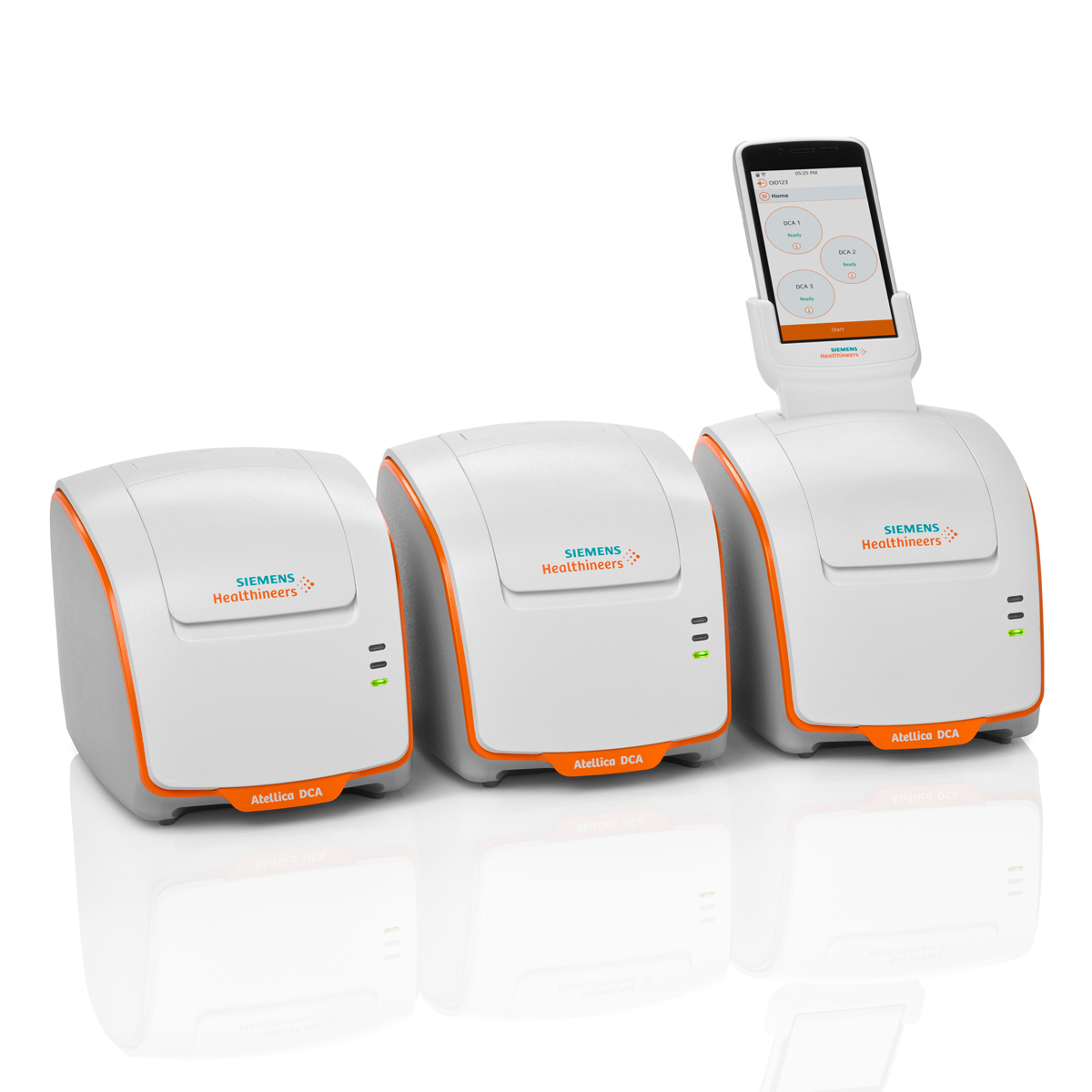 Three Siemens Healthineers Atellica DCA medical analyzers, one with a smartphone docked on top.