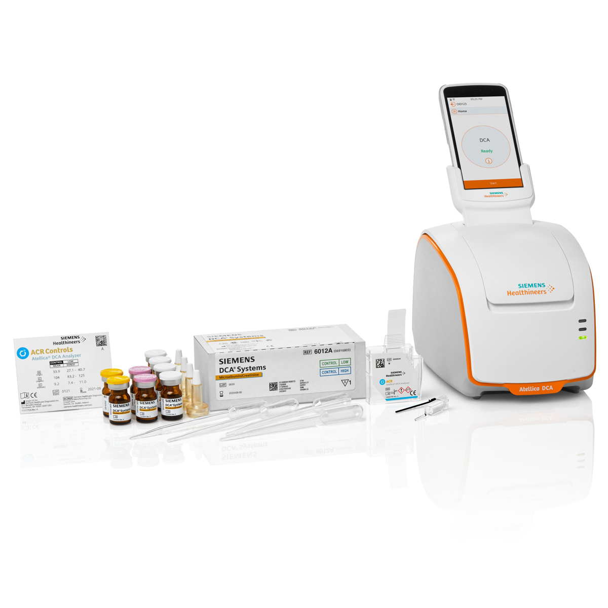 Siemens Healthineers Atellica DCA analyzer with test kits, pipettes, vials, and reagents on a white background.