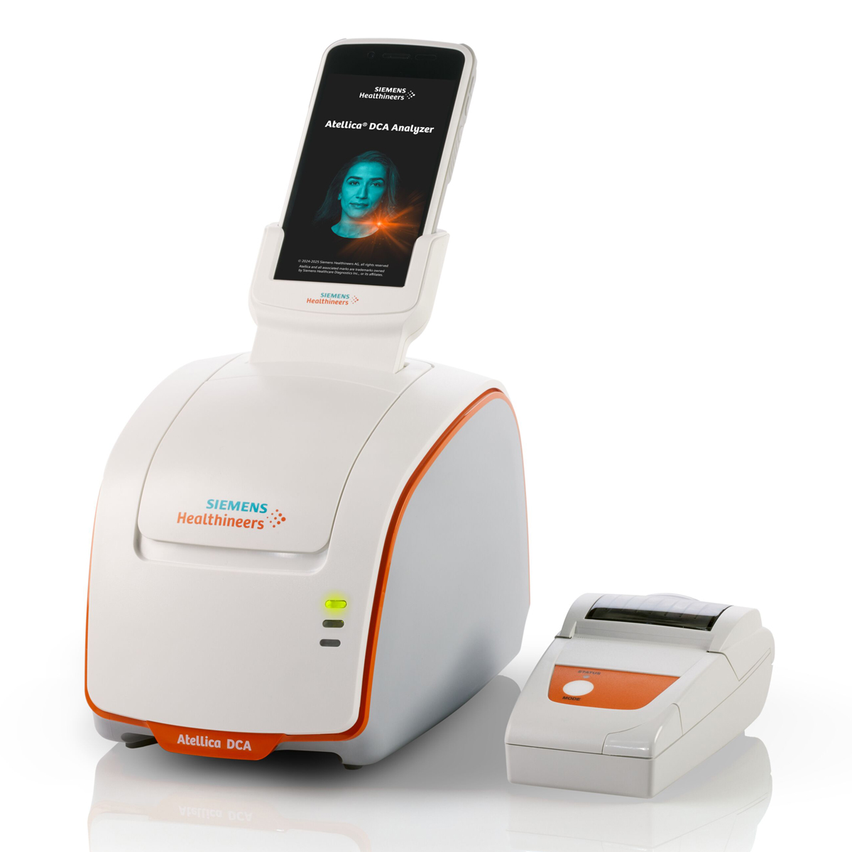 Siemens Healthineers Atellica DCA Analyzer medical device with a small attached printer.