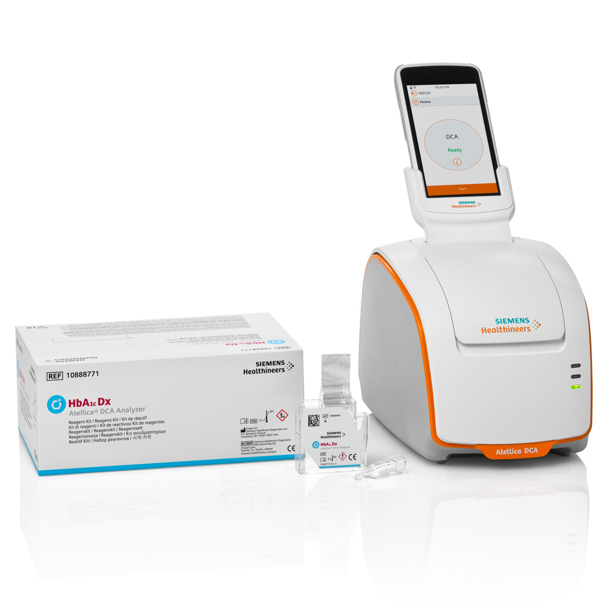 Siemens Healthineers Atellica DCA analyzer with display, reagent box, and sample cartridge for lab testing.