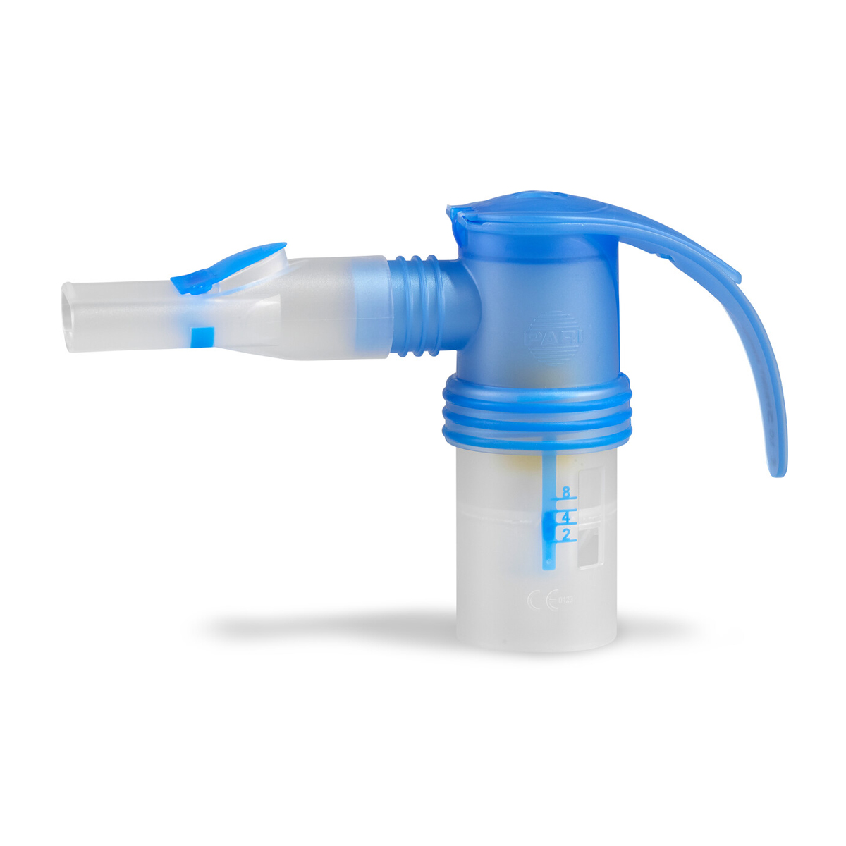 A blue and white plastic nebulizer mouthpiece for medical inhalation therapy, shown on a white background.