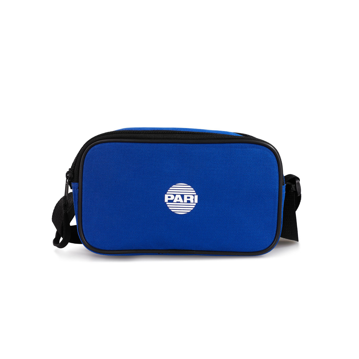 A small blue shoulder bag with a black strap and white "PARI" logo on the front.