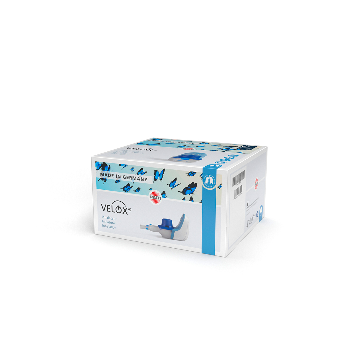 Box of VELOX inhalator with blue butterflies design, product image and "Made in Germany" text on the packaging.
