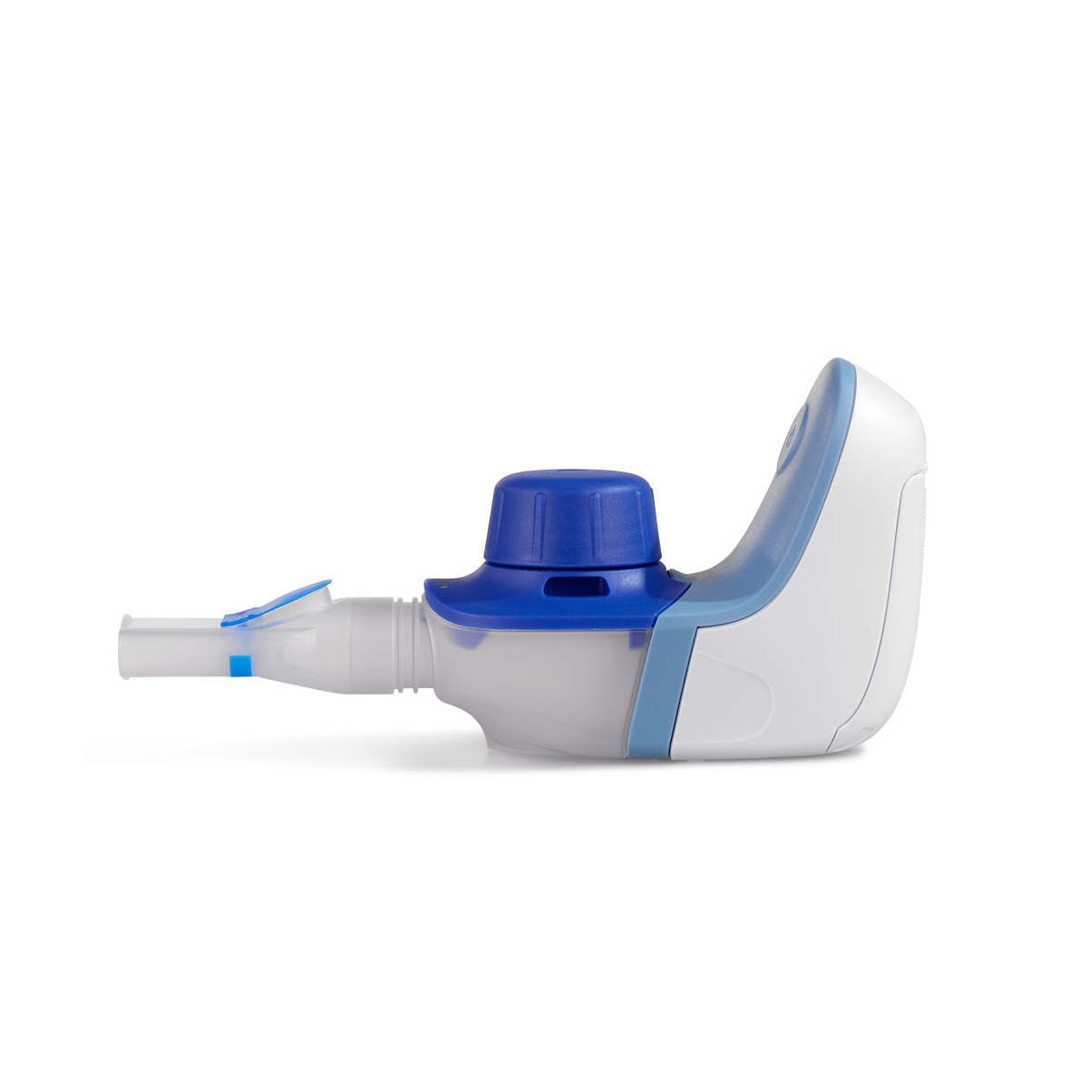 White and blue medical inhaler device on a white background, shown from the side.