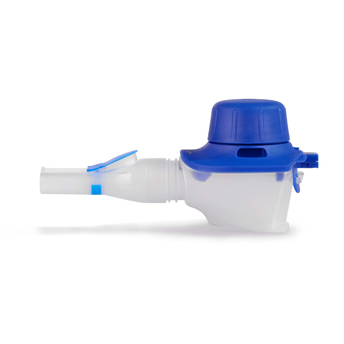 White and blue plastic medical nebulizer cup for inhalation therapy, shown on a white background.