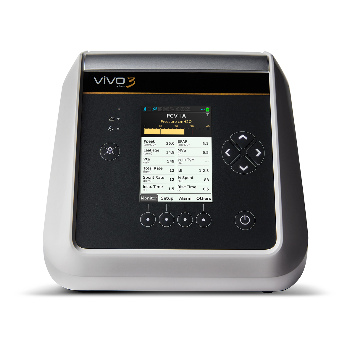 Vivo 3 medical ventilator with display screen showing respiratory settings and control buttons.