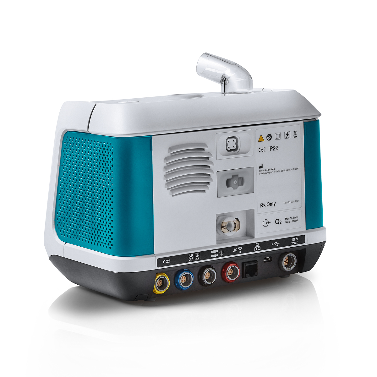 Portable medical device with blue sides, various ports, and a vent on the back, used for respiratory support.