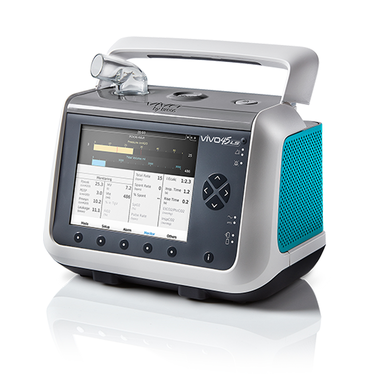 Portable medical ventilator device with display screen, buttons, and side handle on a white background.