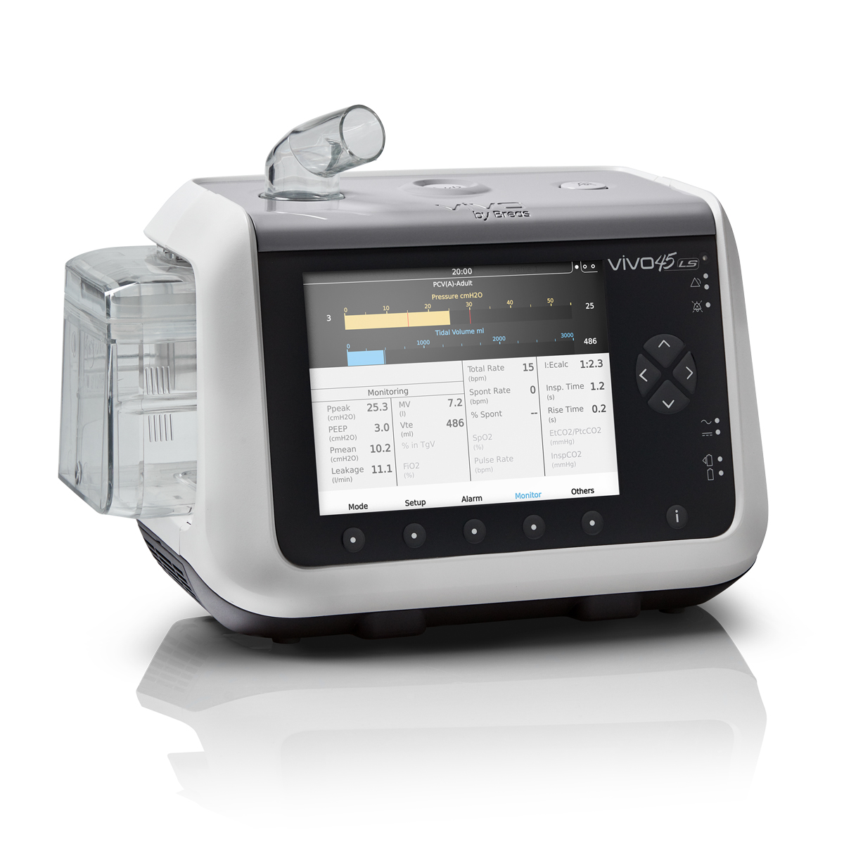 Modern medical ventilator machine with display screen showing patient monitoring data and control buttons.