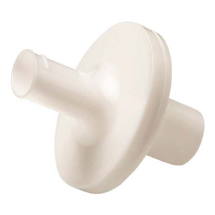 White plastic medical filter with a round flat center and two cylindrical connector ends.