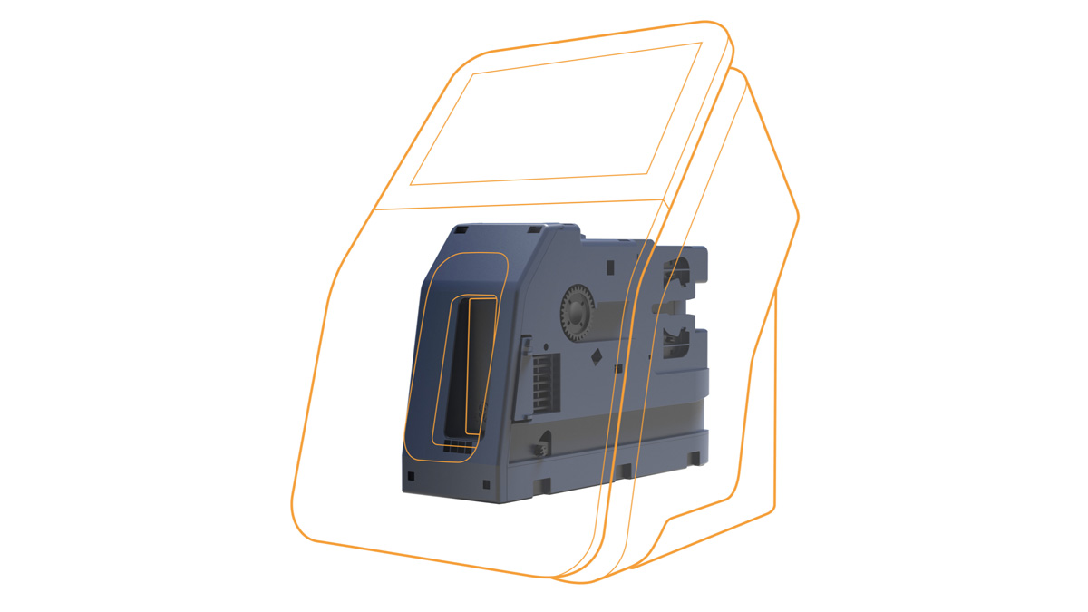 3D model of a device with an orange outline of its outer casing, showing internal components.