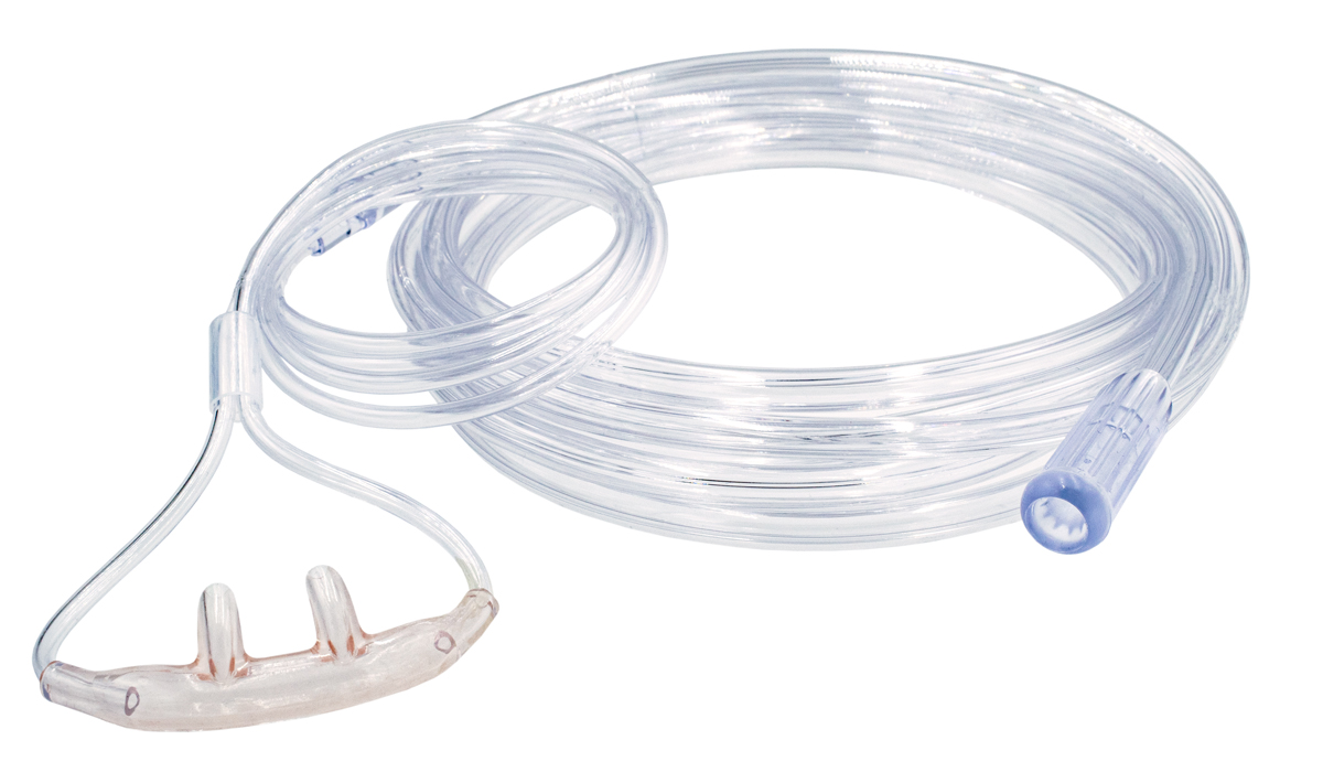 Clear nasal cannula with tubing for oxygen delivery, coiled on a white background.