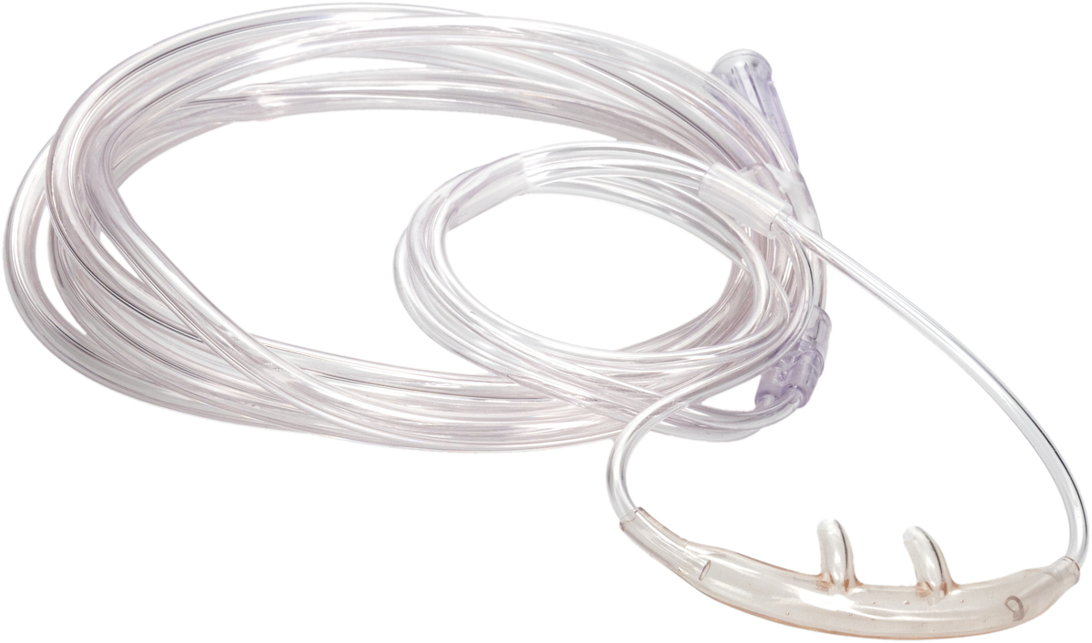Clear nasal oxygen cannula with tubing coiled, used for delivering supplemental oxygen to patients.