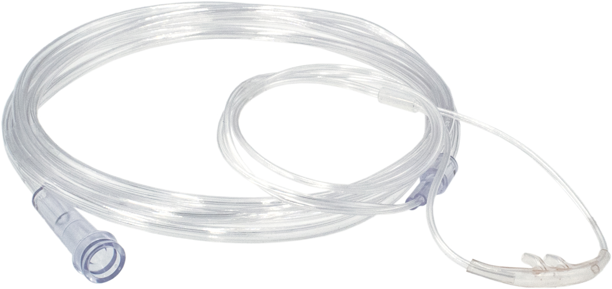 Clear nasal oxygen cannula tubing with nasal prongs and connector, coiled on a white background.
