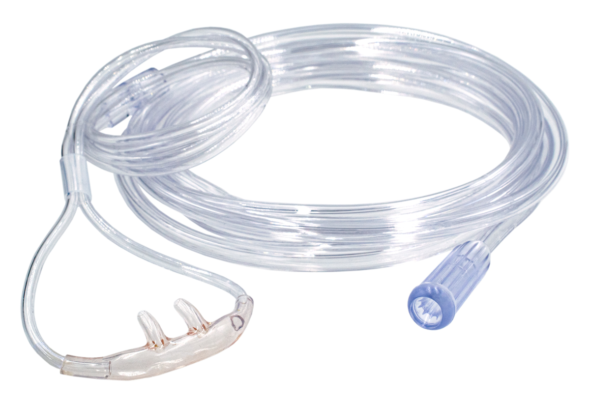Clear nasal oxygen cannula with long tubing, used for delivering supplemental oxygen to patients.