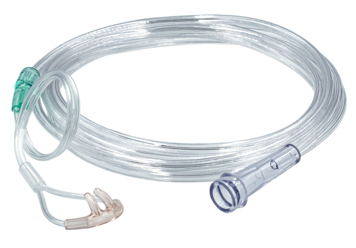 Clear nasal oxygen cannula tube with prongs and connectors, coiled on a white background.