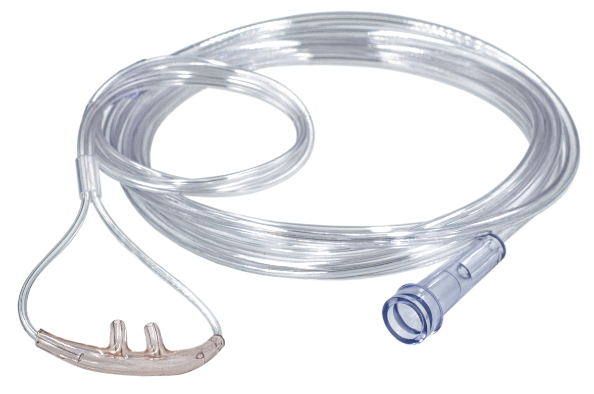 Clear nasal cannula tubing for delivering oxygen, featuring two prongs and a connector.