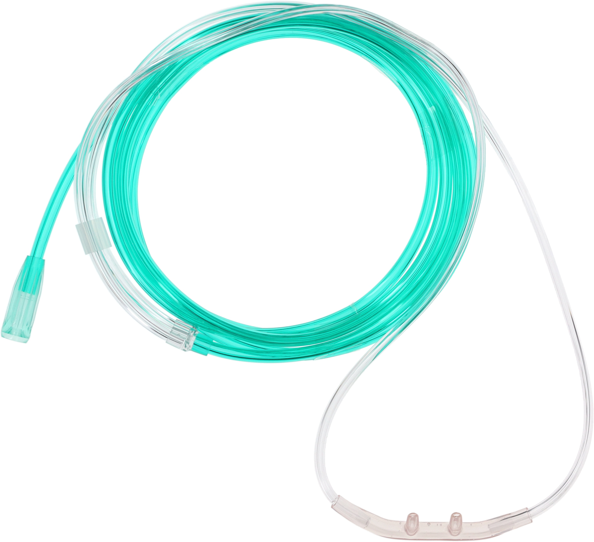 Clear nasal oxygen cannula with green tubing coiled, used for delivering supplemental oxygen.