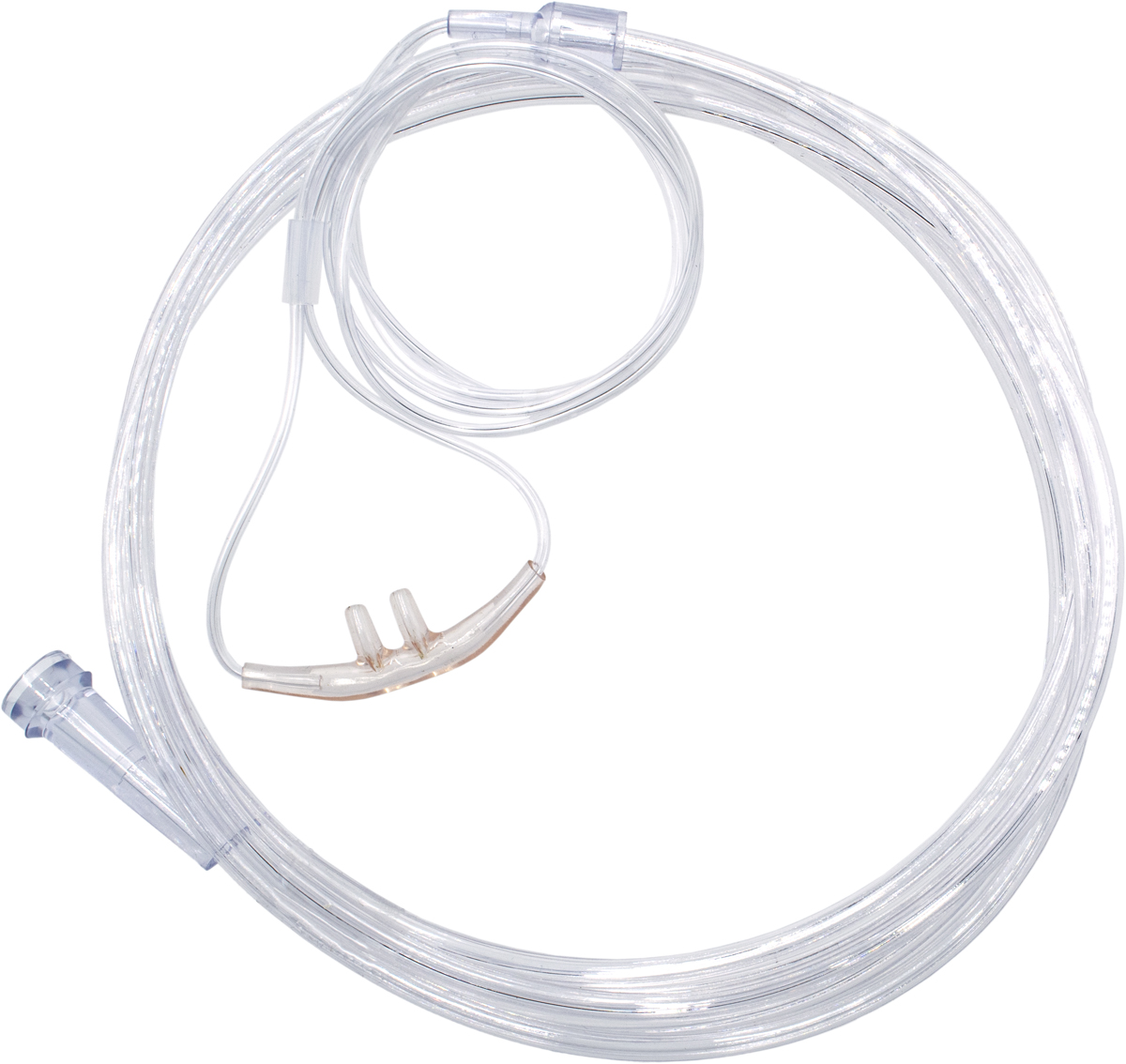 Clear nasal oxygen cannula with long tubing, used for delivering oxygen to patients.