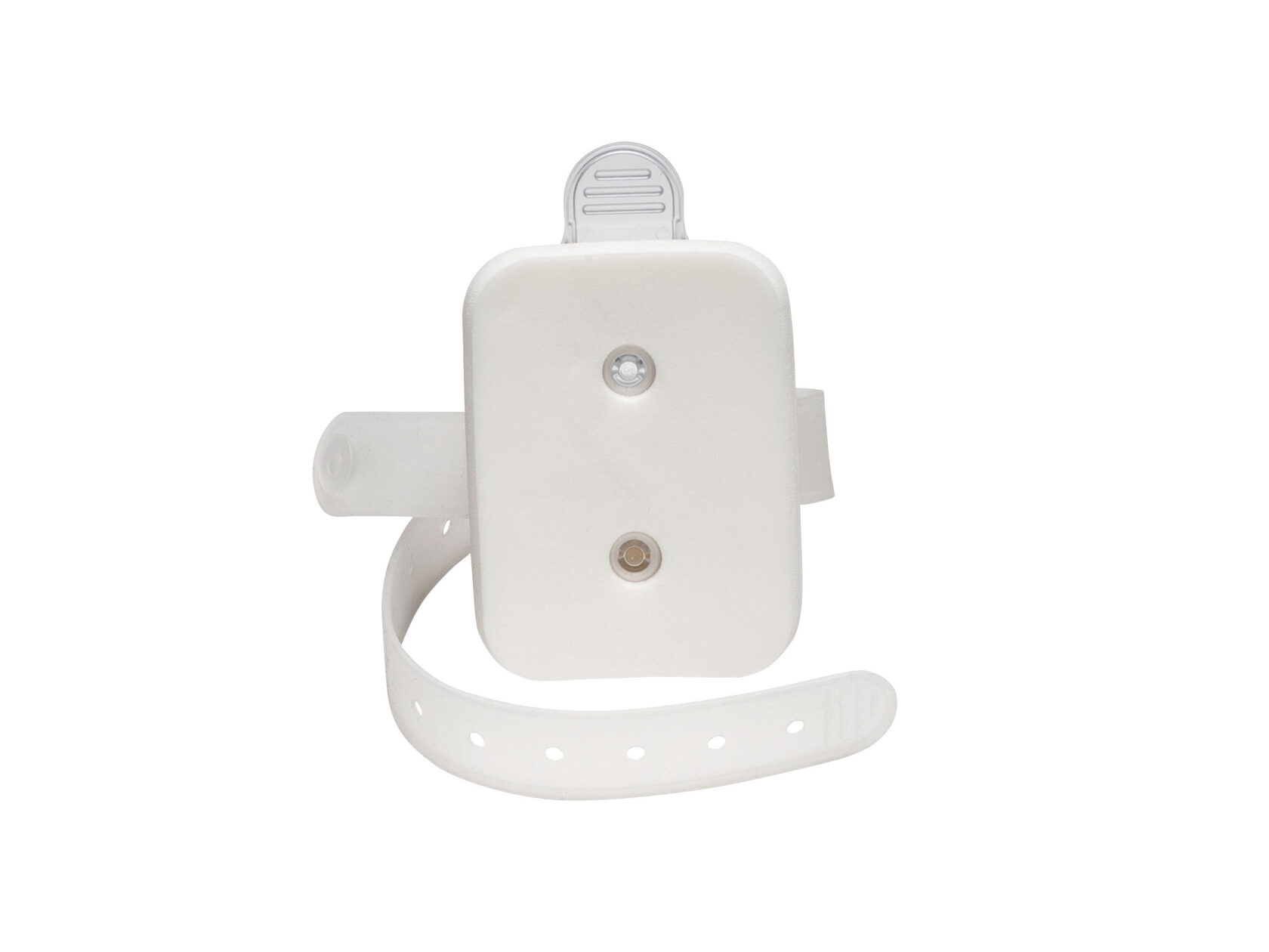 White plastic wristband device with two small circular sensors and adjustable strap, isolated on a white background.