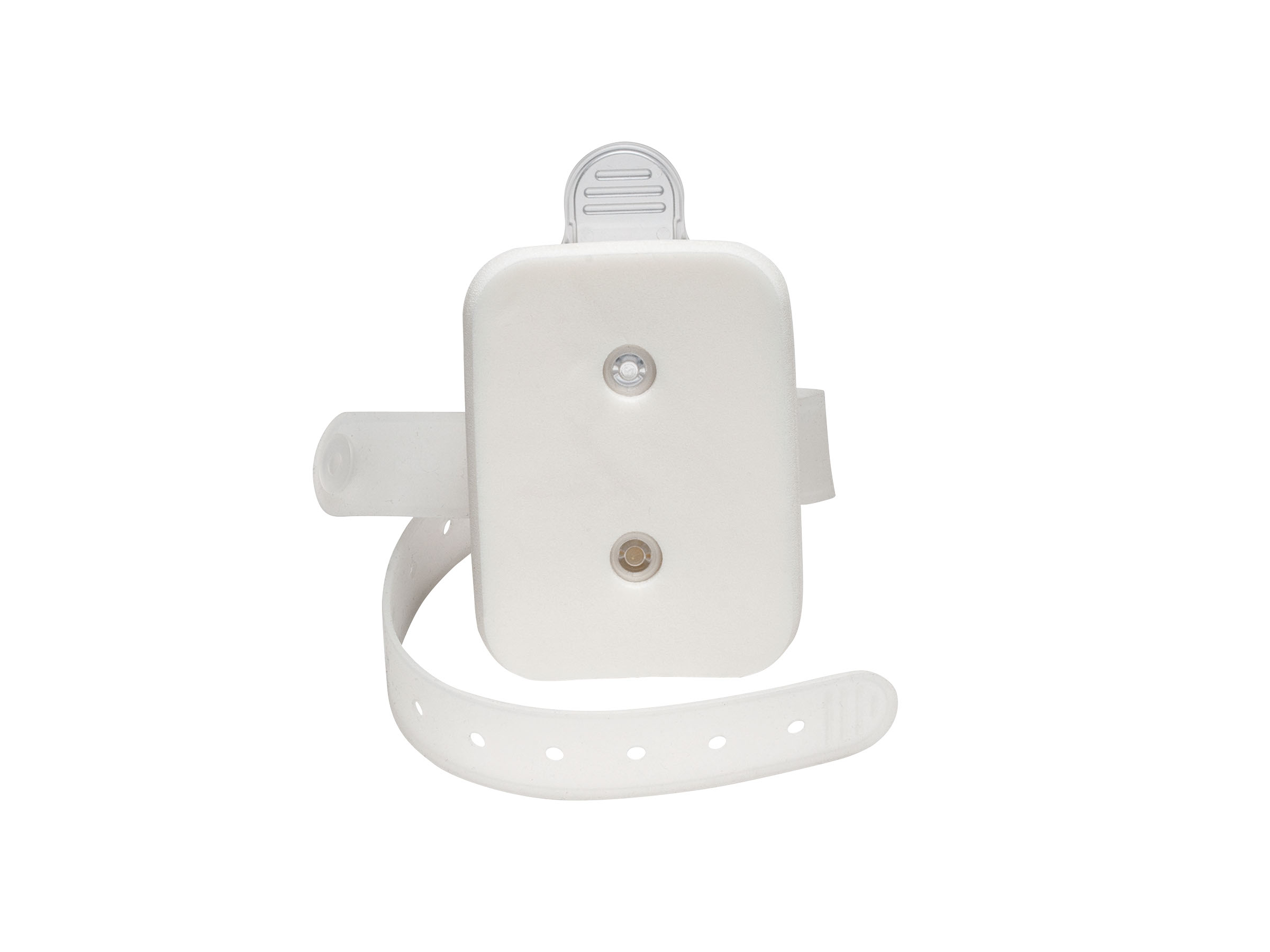 White plastic wristband device with two small circular sensors and adjustable strap, isolated on a white background.