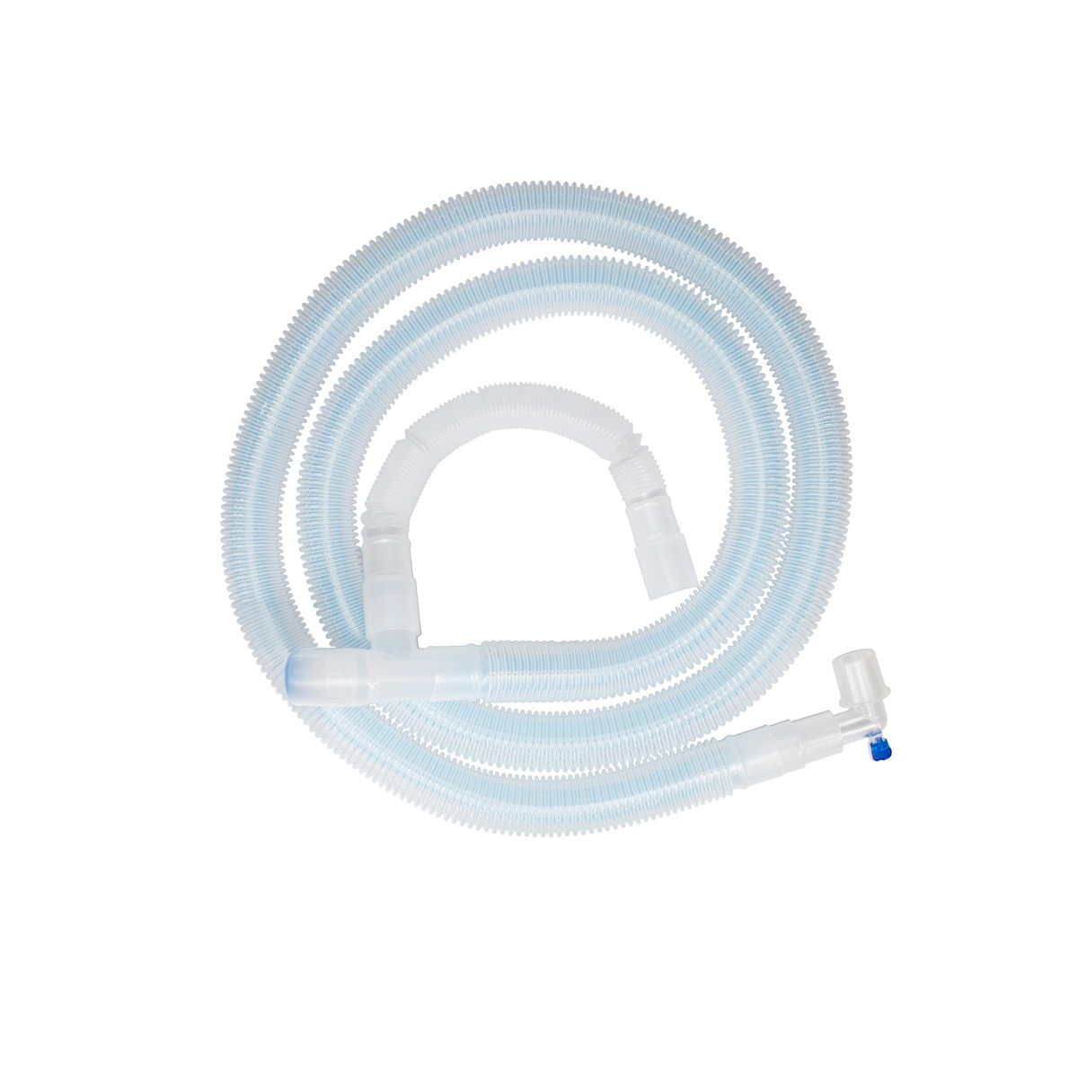 Corrugated blue and white plastic breathing circuit tubing with connectors on a white background.