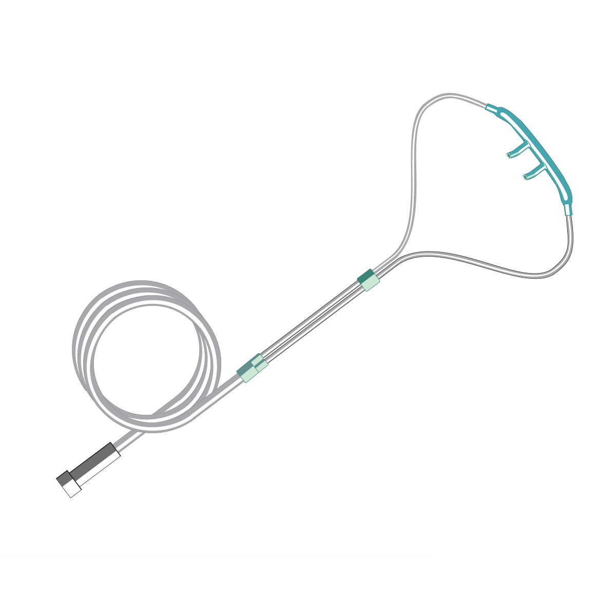 Illustration of a nasal cannula with tubing commonly used for oxygen therapy in medical settings.