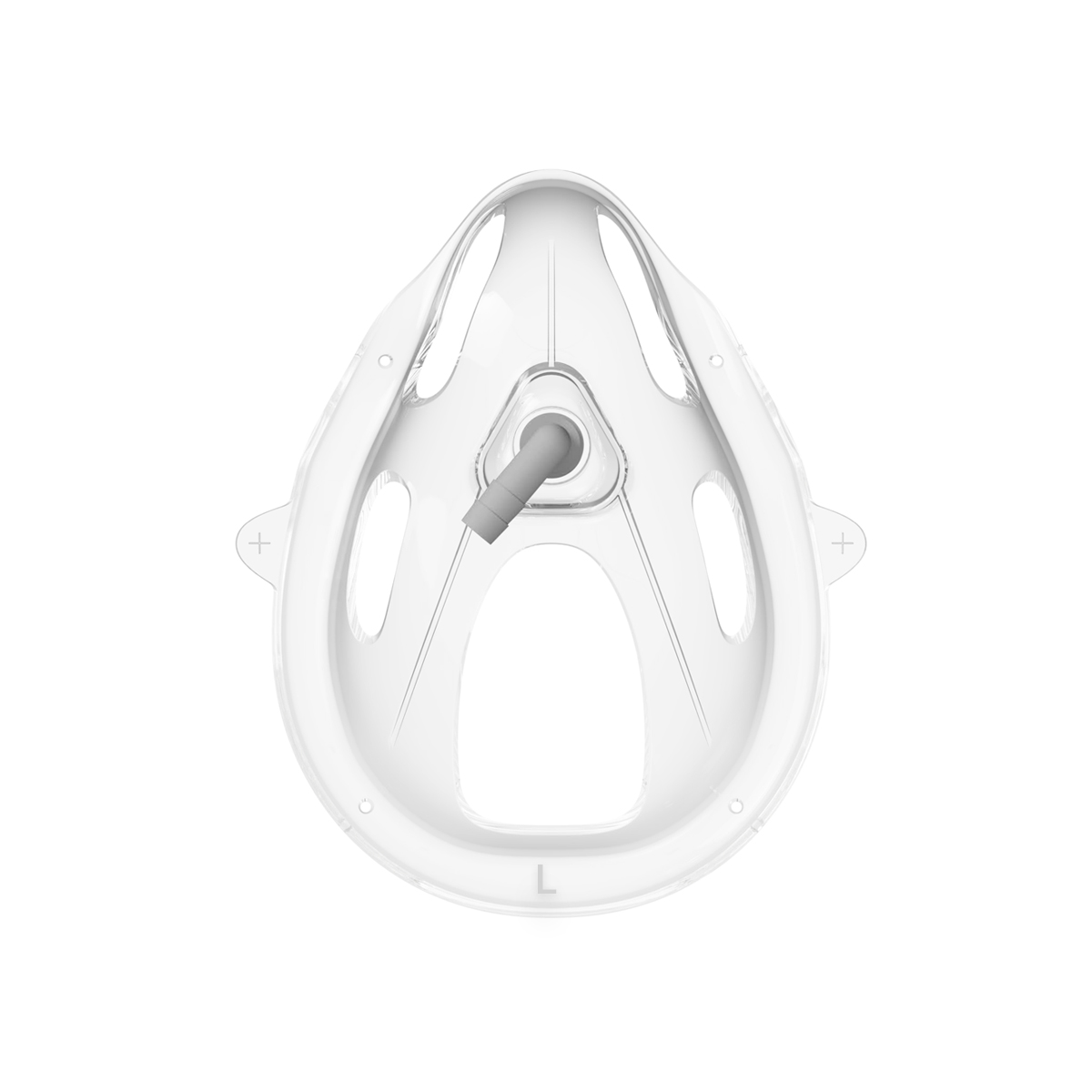 White plastic face mask component with a central connector and side air vents, labeled "L" at the bottom.