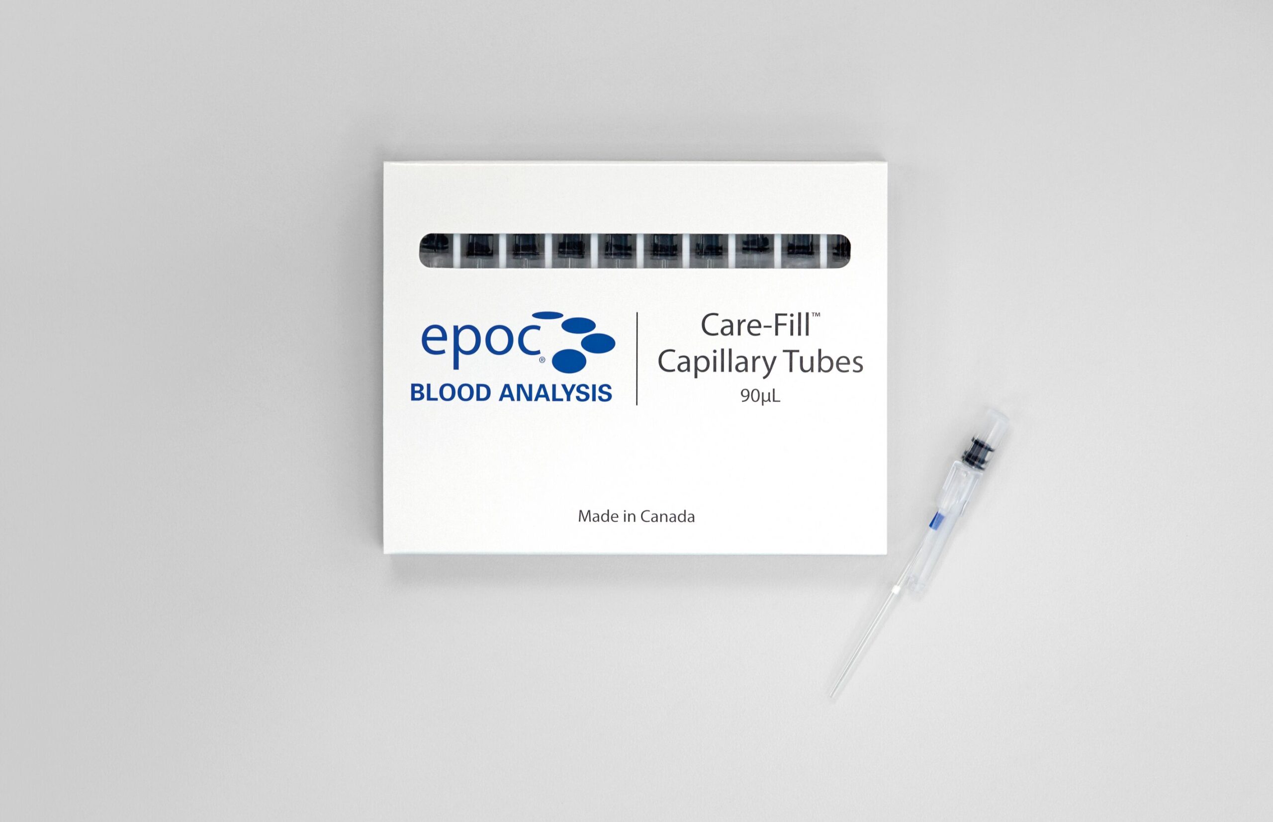 Box labeled "epoc Blood Analysis Care-Fill Capillary Tubes 90μL" with a single capillary tube beside it.