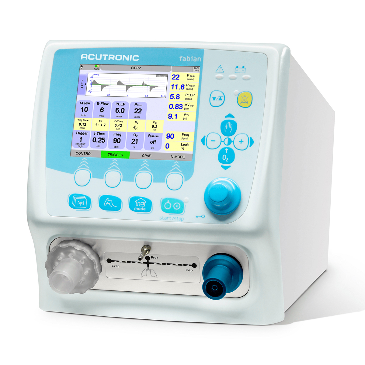 White and blue medical ventilator with display screen showing respiratory data and control buttons.