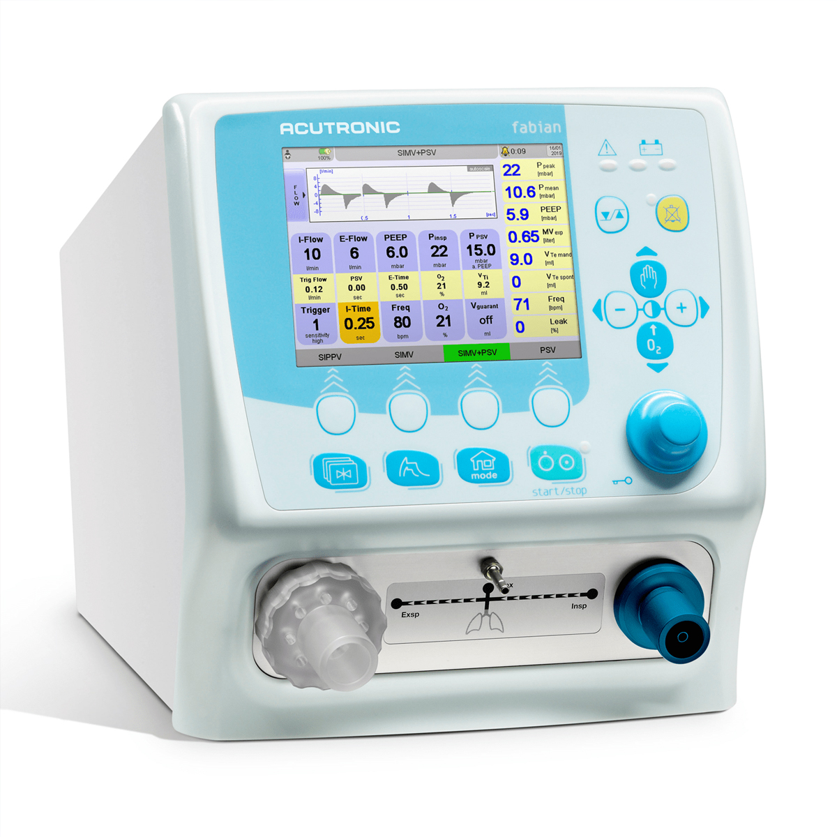 A medical ventilator with a digital display screen showing respiratory data and various control buttons and knobs.