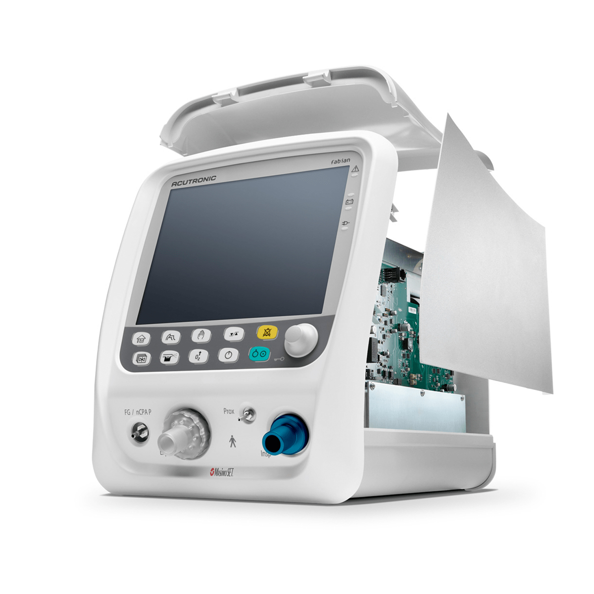 Medical ventilator device with open cover showing internal electronic components.