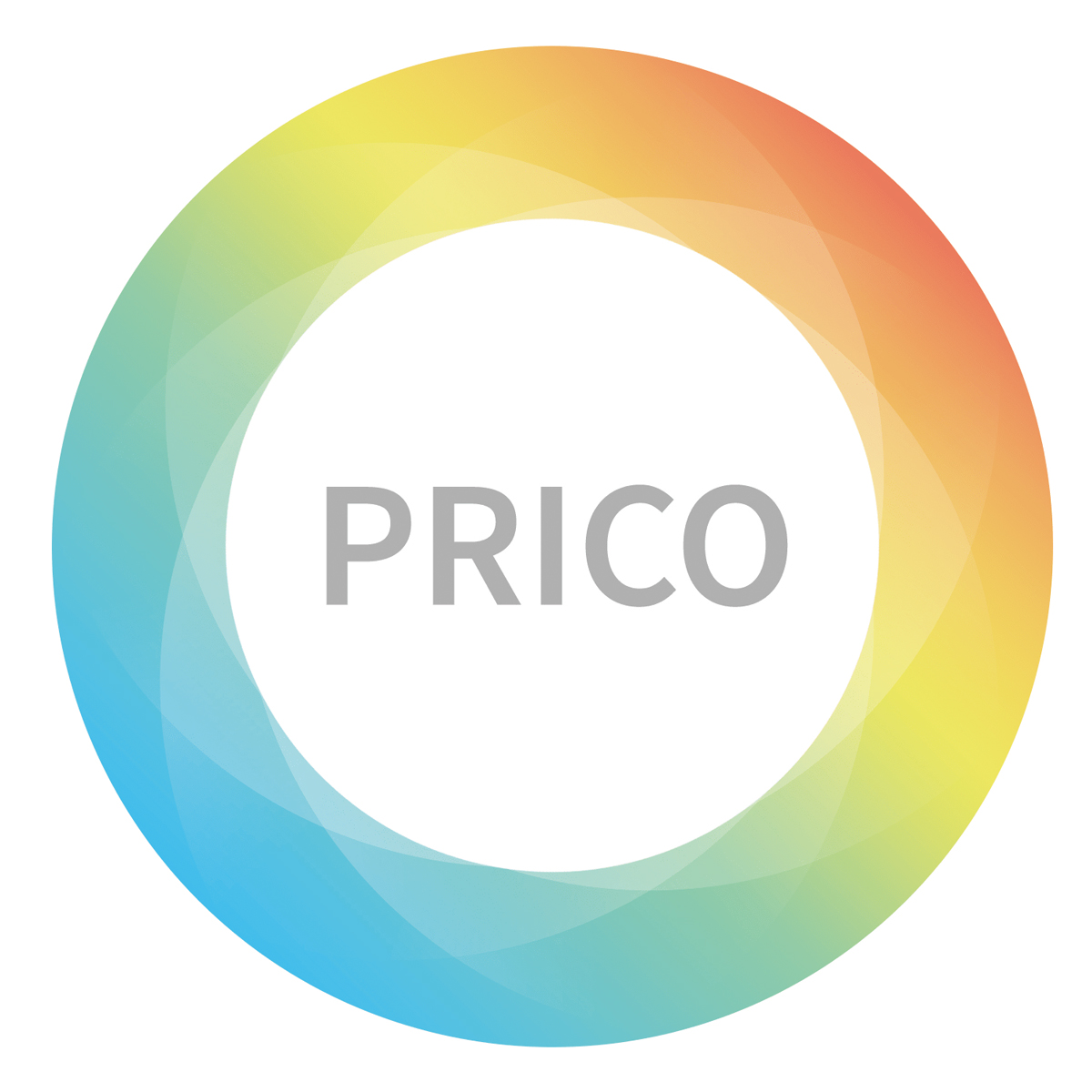 Text "PRICO" inside a circular gradient ring with blue, green, yellow, and orange colors on a white background.