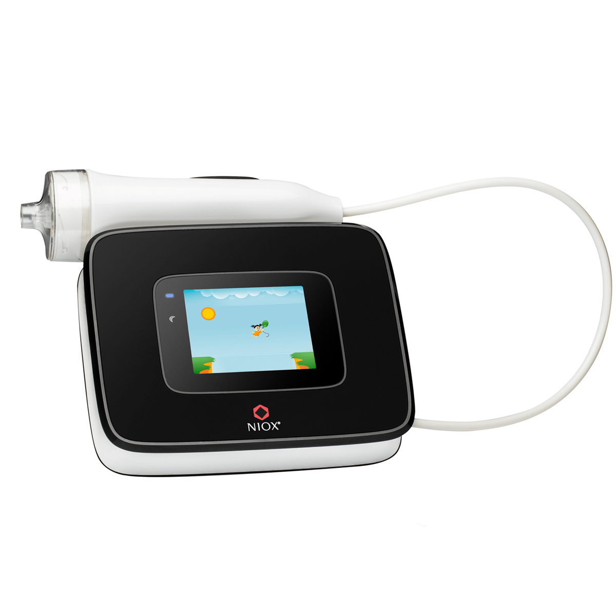 Black and white NIOX medical device with a display screen showing a cartoon graphic, attached tube on the left.