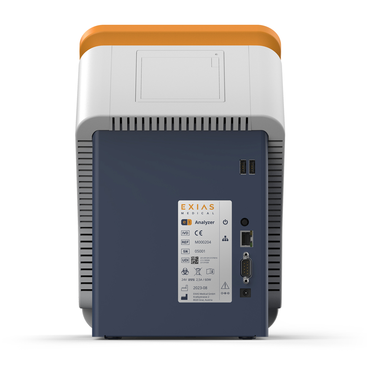 Back view of a medical device labeled EXIAS, showing ports, labels, and ventilation vents.