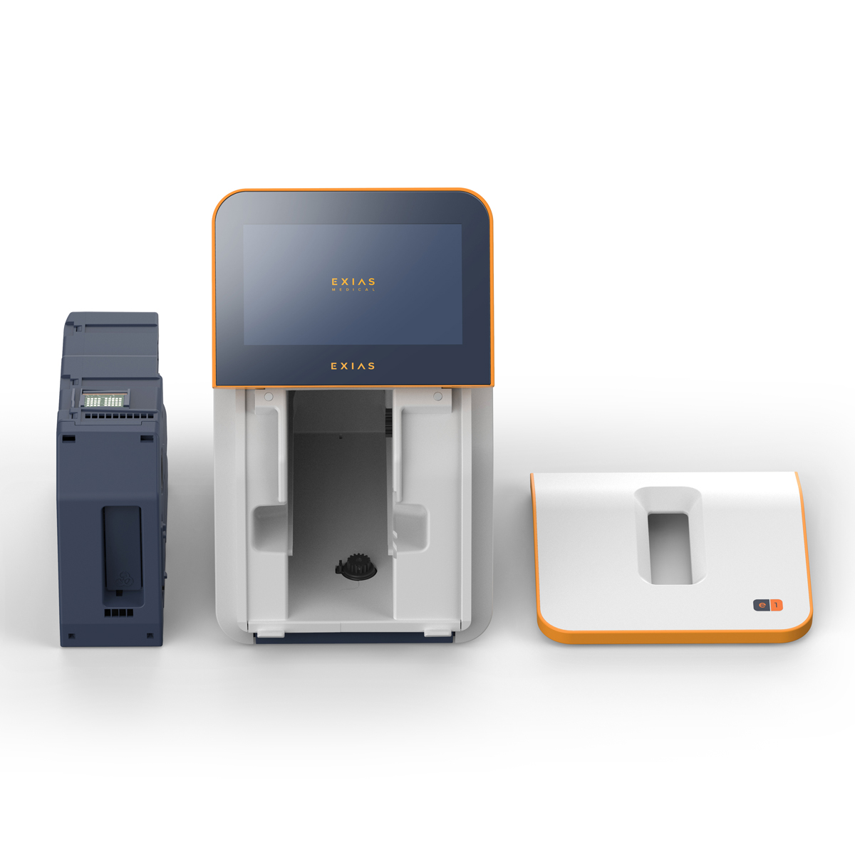 Three medical analyzer device components, including a touchscreen unit, cartridge, and white cover, on a white background.