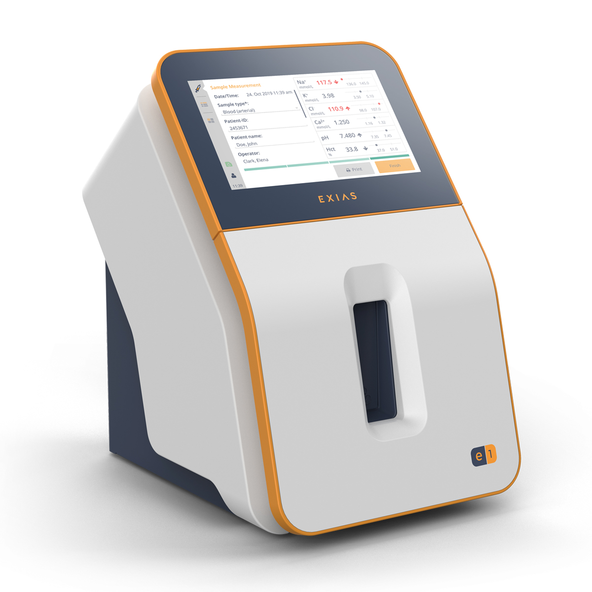Modern medical device with touchscreen display showing test results, labeled "EXIAS," white with orange and blue accents.