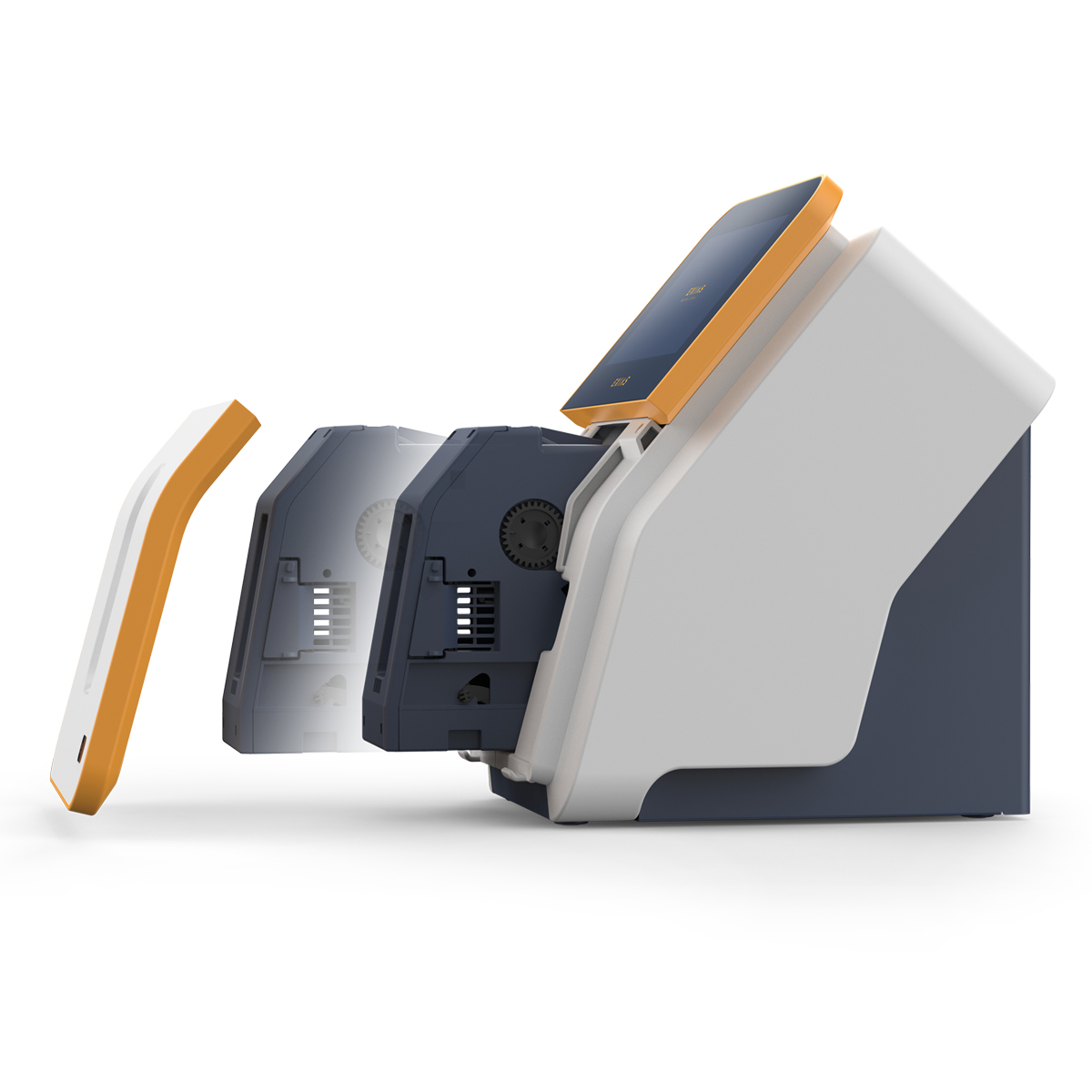 Modern lab device with detachable parts shown separated, featuring a touchscreen and orange accents on a white background.