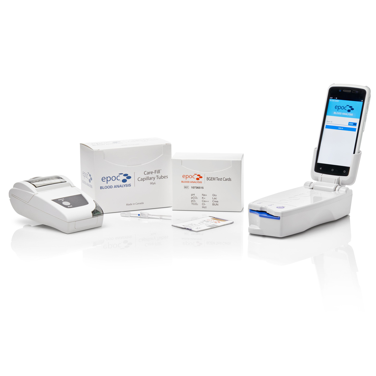 Blood analysis device kit with analyzer, printer, test cards, capillary tubes, and smartphone-based reader.