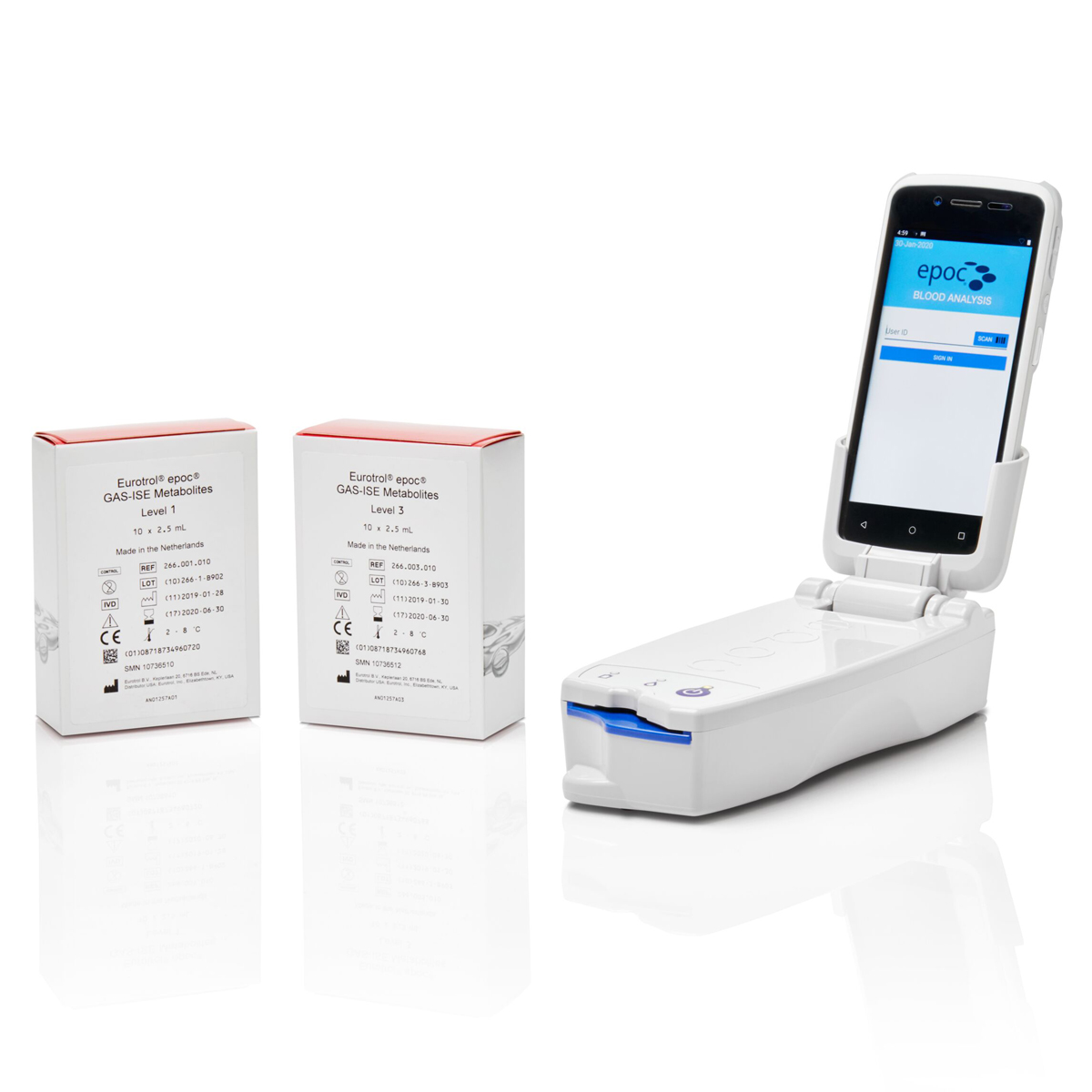 Medical device with smartphone screen labeled "epoc BLOOD ANALYSIS" next to two boxes of GAS-ISE Metabolites.