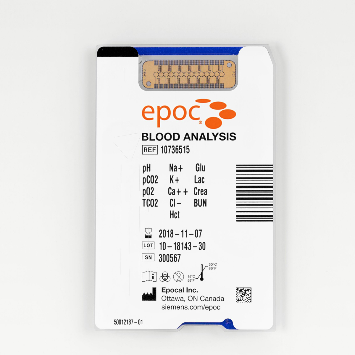 A white epoc blood analysis test card with test details, barcode, and company info printed on the front.